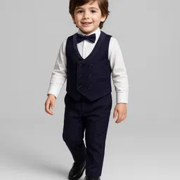 Babyhug Knit Full Sleeves Solid Color 3 Piece Party Suit with Bow - Navy Blue & White-picture-25