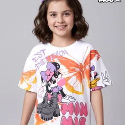 Pine Kids Disney Single Jersey Knit Half Drop Shoulder Sleeves Oversized T-Shirt with Front & Back Minnie & Friends Graphics - White-image-91