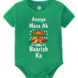 Baby Buzz 100% Cotton Monsoon Theme Half Sleeves Aayega Maza Ab Baarish Ka Text Printed Onesie - Green-picture-21