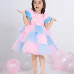 Ministitch Sequin Woven Half Sleeves Floral Sequin Embellished Layered Dress - Blue-picture-10