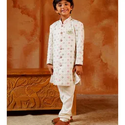 AJ Dezines Jacquard Woven Full Sleeves Ethnic Embroidered Sequins Embellished Sherwani & Pant Set - White image 4