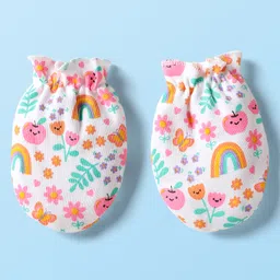 Babyhug 100% Cotton Interlock Knit Cap Mittens Booties With Floral Print White - Diameter 9.5 cm image 5