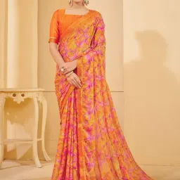 Saree Mall Orange Chiffon Self Saree with Blouse Piece image 2