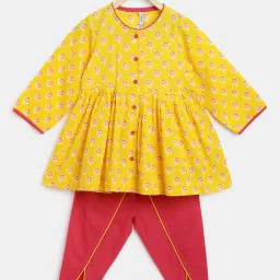 Campana Kids Yellow & Magenta Small Flower Motif Print Kurti with Dhoti image 1