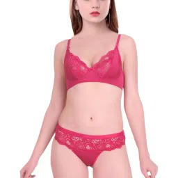 AROUSY Pink Self Pattern Bra Panty Set image 1
