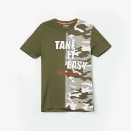 Fame Forever by Lifestyle Kids Olive & White Cotton Printed T-Shirt image 1