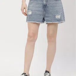 MADAME Light Blue Cotton Regular Fit Shorts image 1