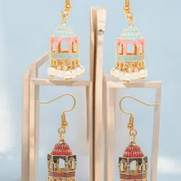OOMPH Combo of 2 MeenakariPink & Red Palki Design Small Jhumka Earrings image 1