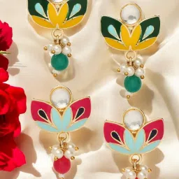 OOMPH Combo of 2 Green & Rani PinkMeenakari Stud Earrings image 1