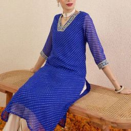 Indo Era Blue Chiffon Regular Fit Printed Kurta-picture-7