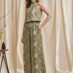 B77 Freena Forest Printed Halter Neck Satin Jumpsuit image 1