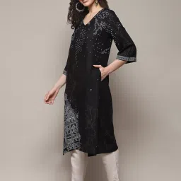 Biba Black Floral Print Straight Kurta image 3