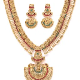 Zaveri Pearls Green & Pink Stones South Indian Style Temple Necklace & Earring Set-ZPFK9639 image 3