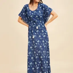Sweet Dreams Blue Cotton Floral Print Kaftan Nighty image 3