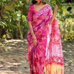 Satrani Pink Cotton Blend Printed Saree With Unstitched Blouse image 1