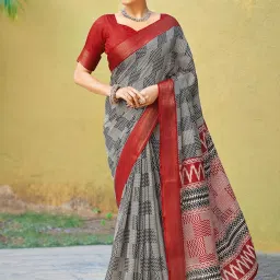 Satrani Black Cotton Blend Printed Saree With Unstitched Blouse image 1