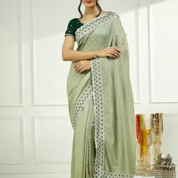 Satrani Green Silk Blend Embroidered Saree With Unstitched Blouse image 1