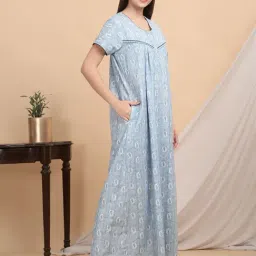Sweet Dreams Sky Blue & White Cotton Printed Nighty-picture-39