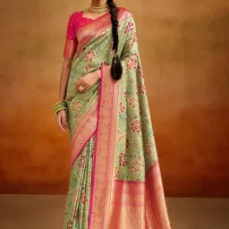 Elora Pista Green & Pink Silk Woven Saree With Unstitched Blouse image 1