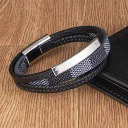 Jewels Galaxy Men Leather Silver-Plated Bracelet image 4