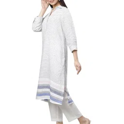Linen Club Woman White & Grey Linen Striped A Line Kurta image 3