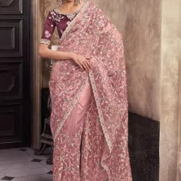Odette Pink Embroidered Saree With Unstitched Blouse-image-25