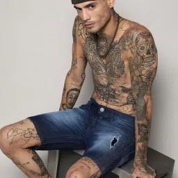 Campus Sutra Navy Blue Regular Fit Distressed Denim Shorts image 3