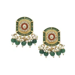 Oomph Meenakari Ethnic With Kundan & Pearls Green Drop Earrings image 3