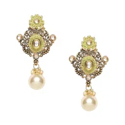 Oomph Meenakari Enamel Kundan & Pearl Ethnic Green Drop Earrings image 3