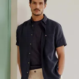 ANDAMEN Navy Slim Fit Linen Shirt image 1