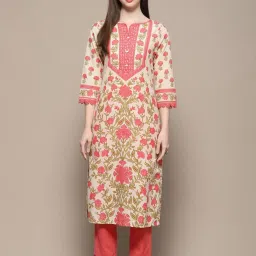 Biba Beige Cotton Floral Print Straight Kurta image 1
