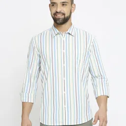 Basics Blue Cotton Slim Fit Striped Shirt image 1