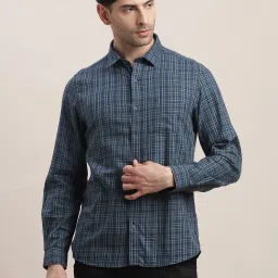 Turtle Blue Cotton Slim Fit Chequered Shirt image 1