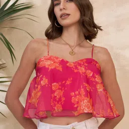 KASSUALLY Pink & Orange Floral Print Crop Top image 1
