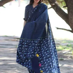 Chidiyaa Blue Block Printed Cotton Mul Saree-picture-24