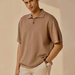 Andamen Brown Organic Cotton Relaxed Textured Polo T-Shirt-image-7