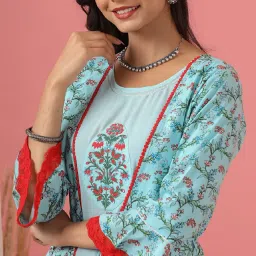 Juniper Sky Blue Floral Printed Cotton Lacy Jacket Style Dress With Thread Work & Dori At Waist image 5