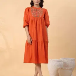 Janasya Orange Cotton Embroidered A Line Dress-image-2