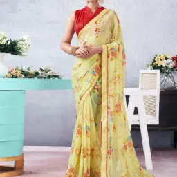 Satrani Light Yellow Floral Print Saree With Unstitched Blouse-image-94