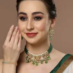 Dugran By Dugristyle Green & Pink Drop Earrings with Kundan and Pearls for Women-image-0