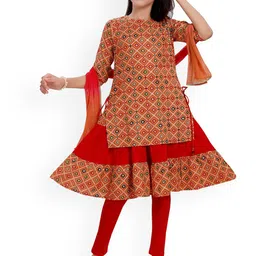 MASTARANG Girls Bandhani Printed Straight Kurta With Dupatta image 4