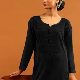 House Of Chikankari Black Cotton Regular Fit Embroidered Long Kurta image 5