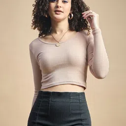 R.Code by The Roadster Life Co. Women Round Neck Ribbed Fitted Crop Top-image-13