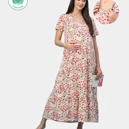 ECOMAMA Organic Cotton & Bamboo Antimicrobial Half Sleeves Maternity Nighty Flowers Print - Peach-picture-12