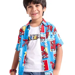 Babyhug Marvel Cotton Knit  Half Sleeve Regular Collar Spiderman Printed Shirt with T-Shirt - Blue & White-picture-18