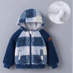 Kookie Kids Full Raglan Sleeves Hooded Winter Fur Jacket with Checks Design - Blue-picture-10