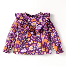 Babyhug Cotton Knit Full Sleeves Top With Floral & Animal Print - Purple-picture-15