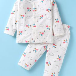 Doreme Single Jersey Knit Full Sleeves Aeroplane Printed Night Suit - White-image-77