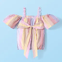 Babyhug Woven Cold Shoulder Top with Stripes - Pink & Yellow-image-89