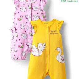 Babyoye 100% Cotton Knit Rompers With Eco Jiva Finish & Bird Print Pack Of 2 - Yellow & Pink-image-4